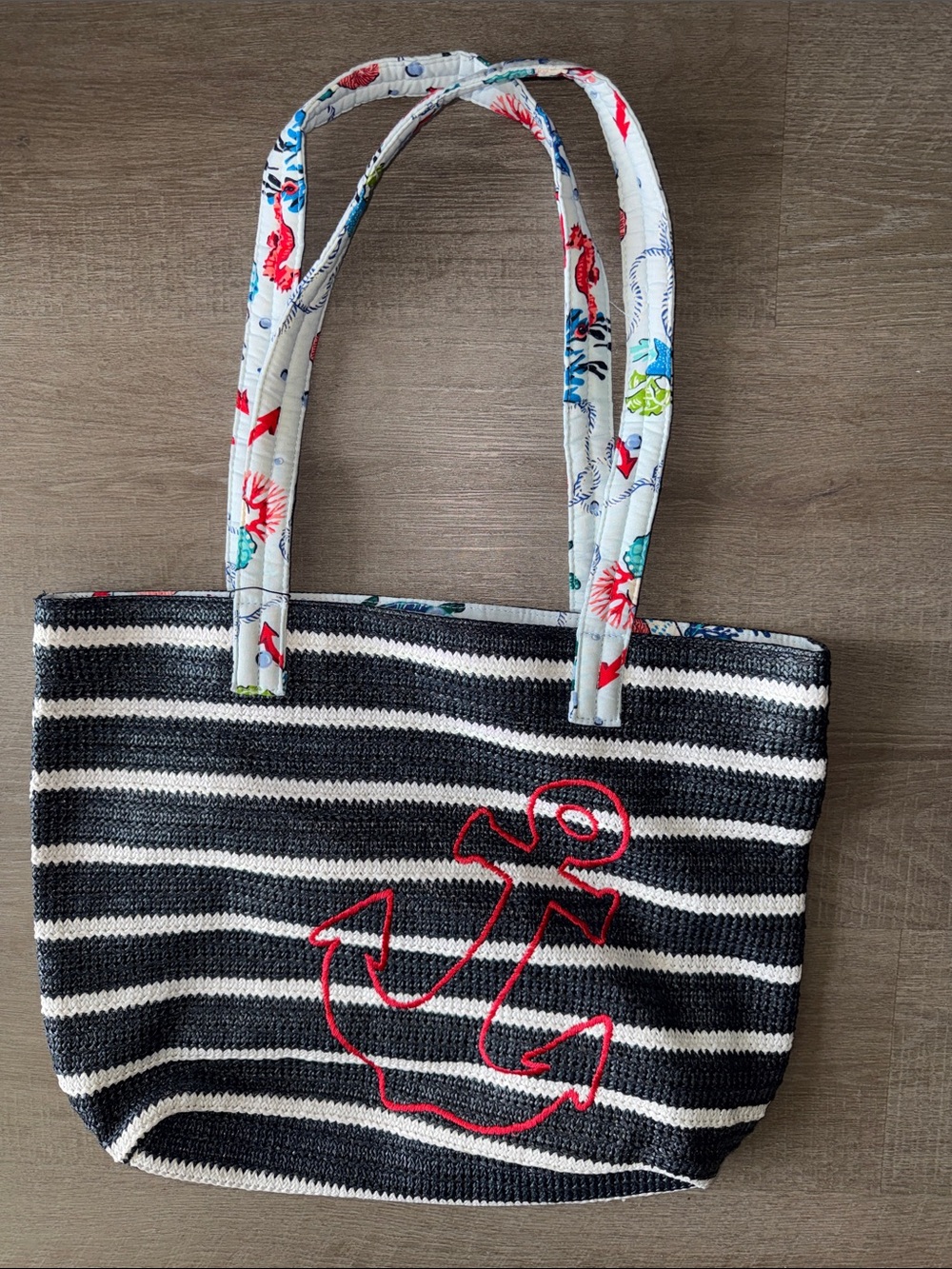 Vera Bradley Straw Beach Tote Bag Anchors Aweigh Navy Stripes NWT - Picture 5 of 13